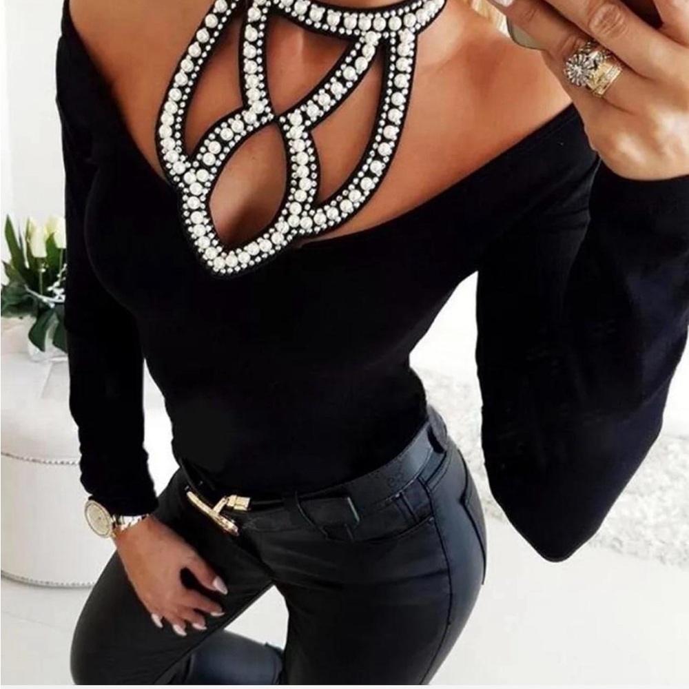 Autumn beaded hollowed long-sleeved top
